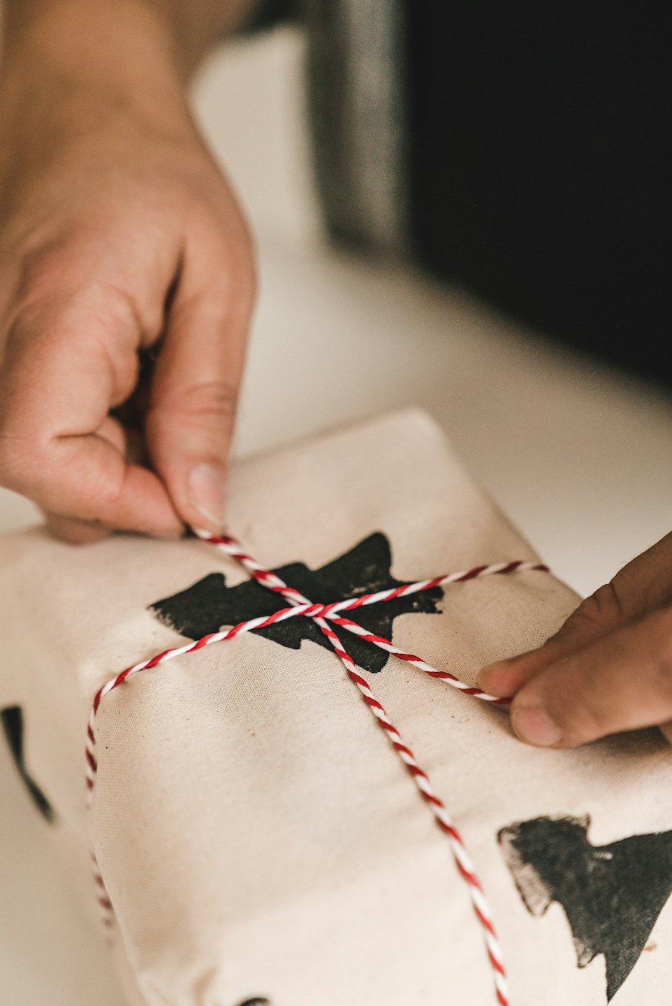 Hands tie red and white twine around a fabric wrapped gift.
